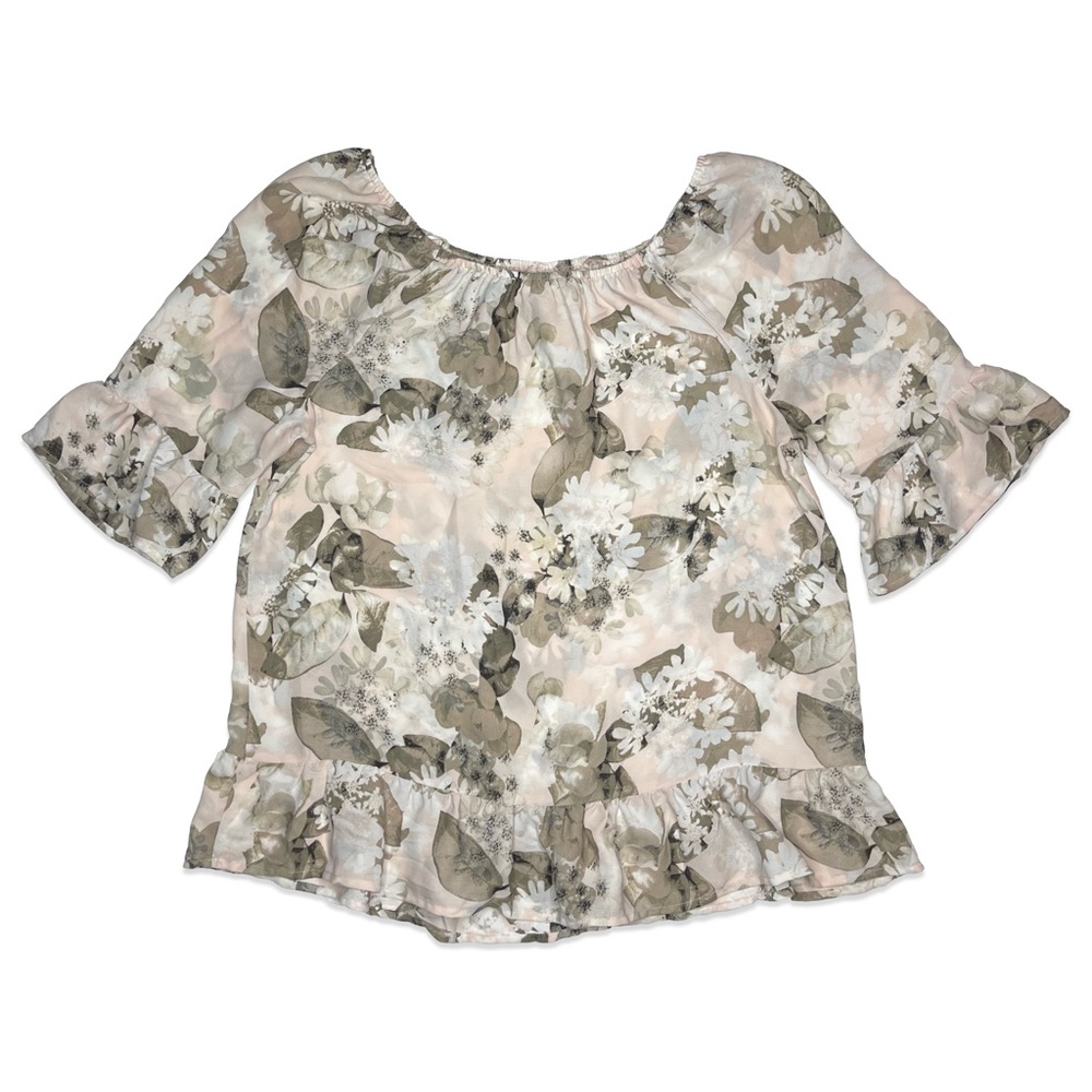 Elle Light Pink Floral Off The Shoulder Half Sleeve Ruffled Chiffon Top Blouse